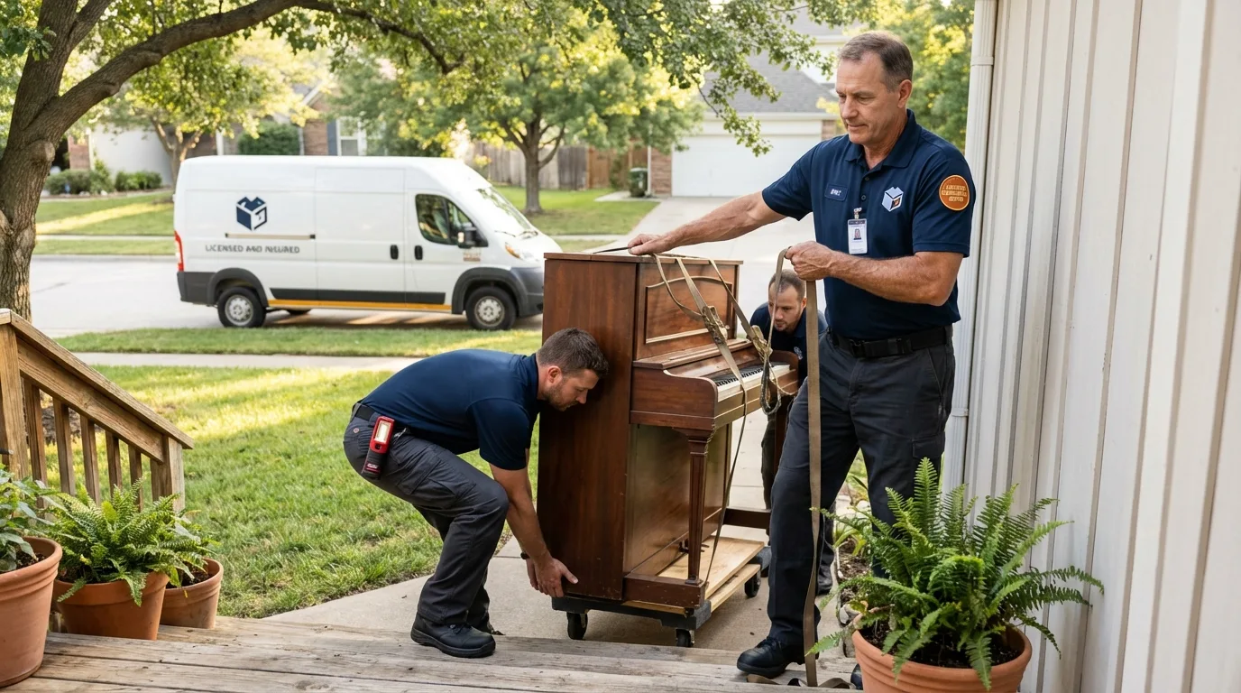 Licensed piano movers securing grand piano in Kenmore, WA