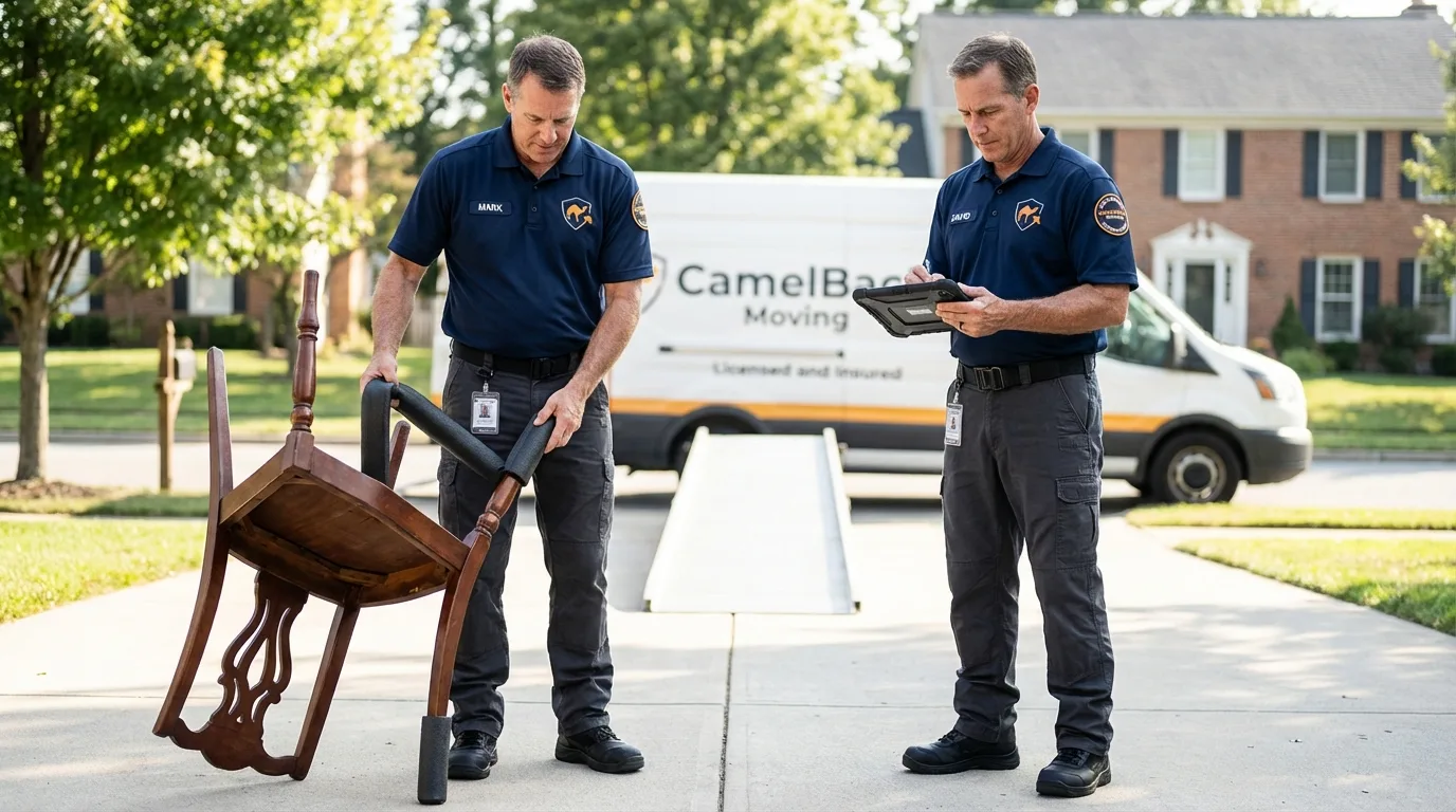 Movers inspecting furniture for damage prevention before loading in Kenmore, WA